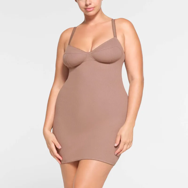 SKIMS COTTON RIB PICOT CAMI MINI DRESS Slip Dresses Women's UMBER/Brown Earth Tone-1