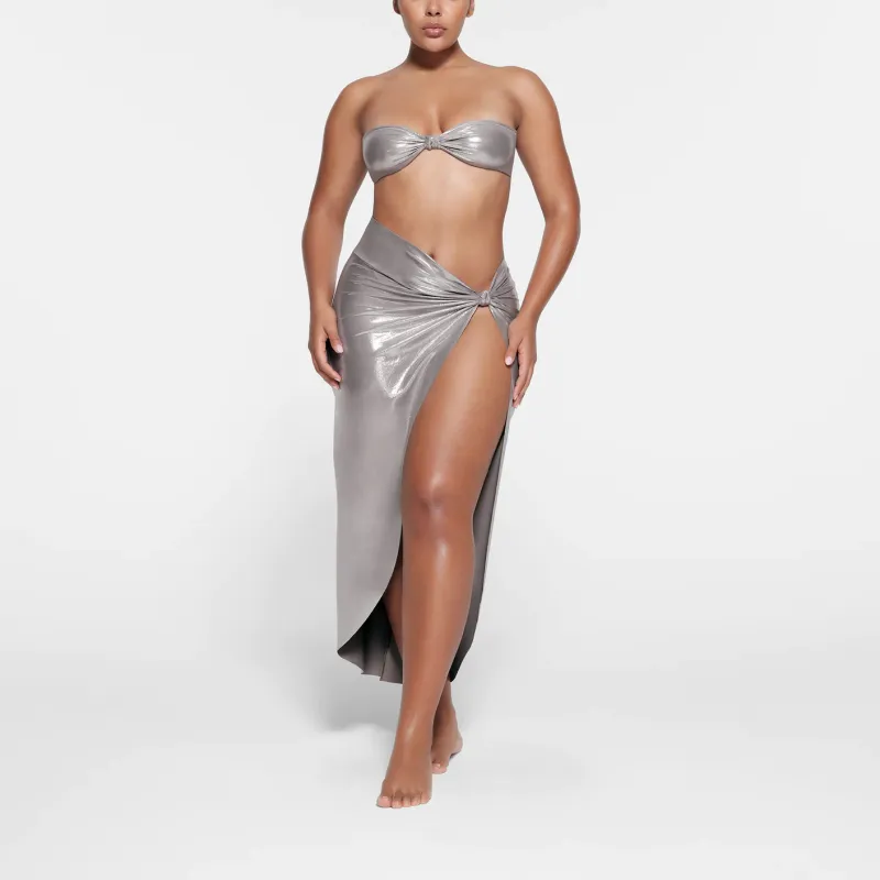 SKIMS LIQUID SHINE SWIM KNOTTED BANDEAU BIKINI TOP Bikini Women's SMOKE/Smoke Gray-1