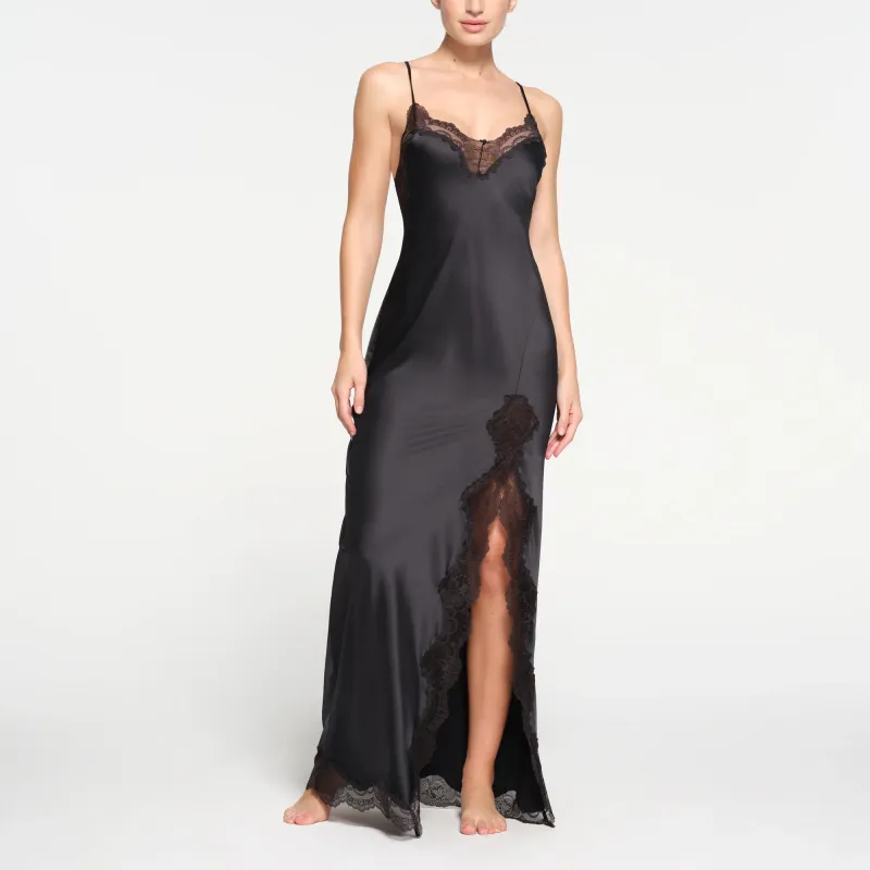 SKIMS WOVEN SHINE LACE LONG DRESS Slip Dresses Women's ONYX/Onyx-1