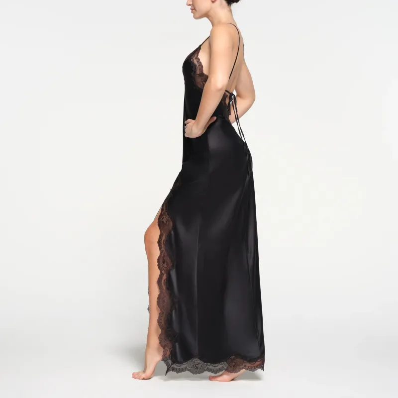 SKIMS WOVEN SHINE LACE LONG DRESS Slip Dresses Women's ONYX/Onyx-3