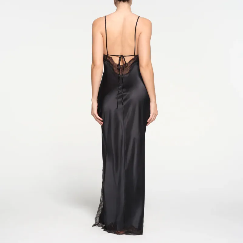 SKIMS WOVEN SHINE LACE LONG DRESS Slip Dresses Women's ONYX/Onyx-2