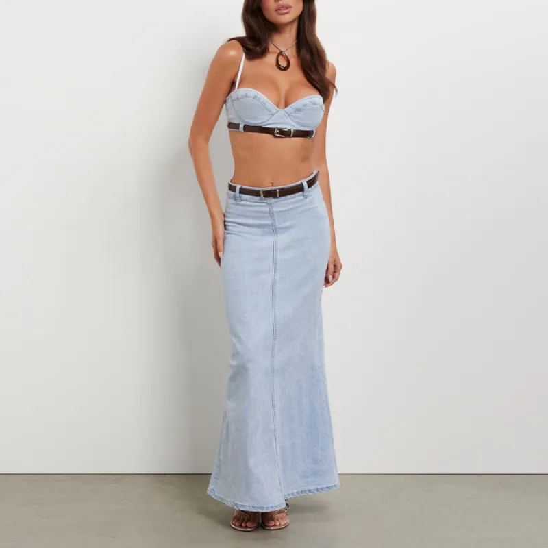 Tiger Mist SS24 FLETCHER SKIRT Denim Long Skirts Women's Light Blue-2