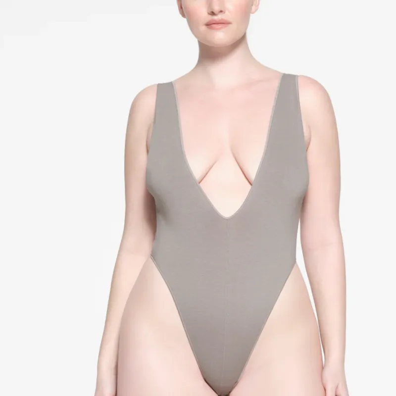 SKIMS SEAMLESS MODAL DEEP PLUNGE BODYSUIT Bodysuits Women's Smoke/Smoke Color-1