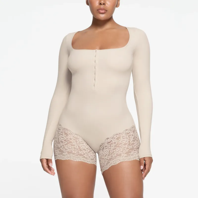 SKIMS FITS EVERYBODY LACE LONG SLEEVE ONESIE Bodysuits Women's STONE/Stone Color-1