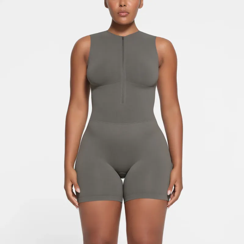 SKIMS CONTOUR NYLON ZIP FRONT ONESIE Bodysuits Women's GUNMETAL/Bronze-1