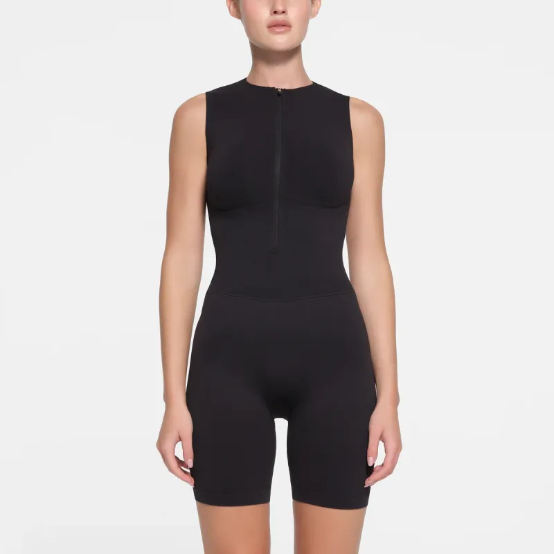 SKIMS CONTOUR NYLON ZIP FRONT ONESIE Bodysuits Women's ONYX/Onyx-1