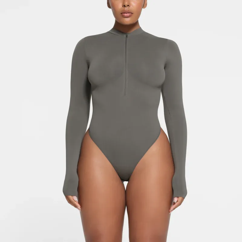 SKIMS CONTOUR NYLON ZIP FRONT LONG SLEEVE BODYSUIT Bodysuits Women's GUNMETAL/Bronze-1
