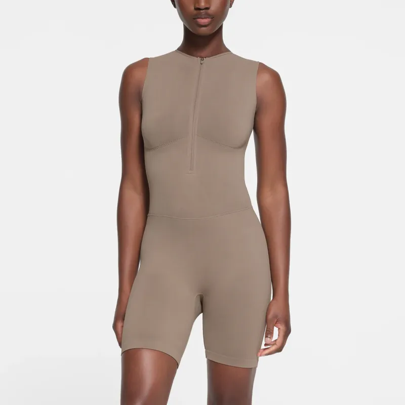 SKIMS CONTOUR NYLON ZIP FRONT ONESIE Bodysuits Women's TRUFFLE/Truffle Color-1