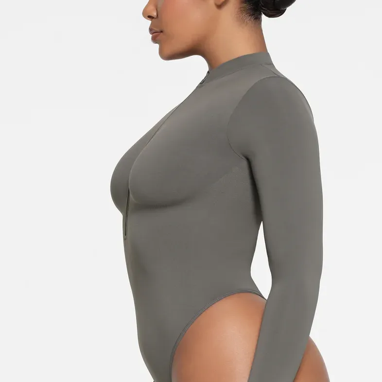 SKIMS CONTOUR NYLON ZIP FRONT LONG SLEEVE BODYSUIT Bodysuits Women's GUNMETAL/Bronze-3