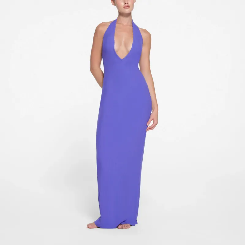 SKIMS SOFT LOUNGE DEEP PLUNGE HALTER LONG DRESS Sleeveless Dress Women's Tanzanite-2