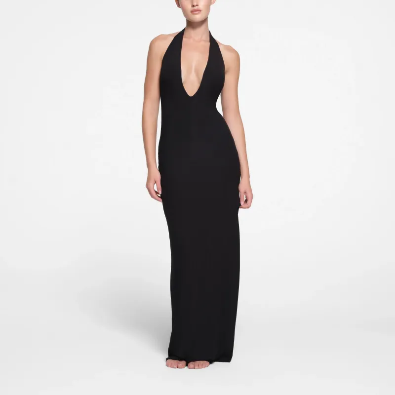 SKIMS SOFT LOUNGE DEEP PLUNGE HALTER LONG DRESS Sleeveless Dress Women's ONYX/Onyx-2
