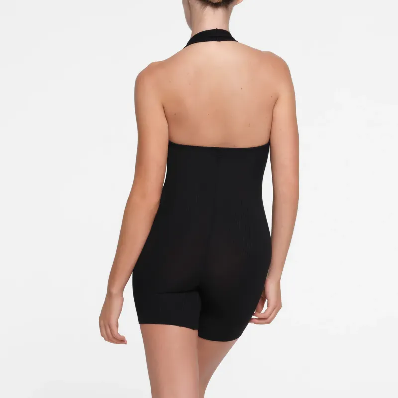 SKIMS SOFT LOUNGE DEEP PLUNGE HALTER ONESIE Bodysuits Women's ONYX/Onyx-2