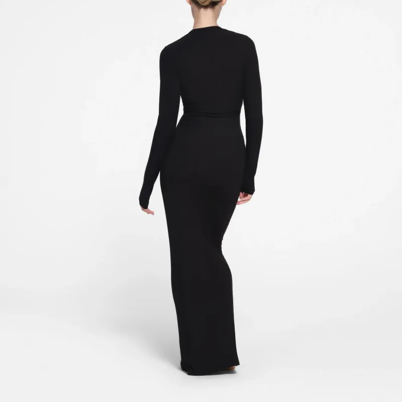 SKIMS SOFT LOUNGE DEEP PLUNGE LONG DRESS Long Sleeved Dress Women's ONYX/Onyx-2