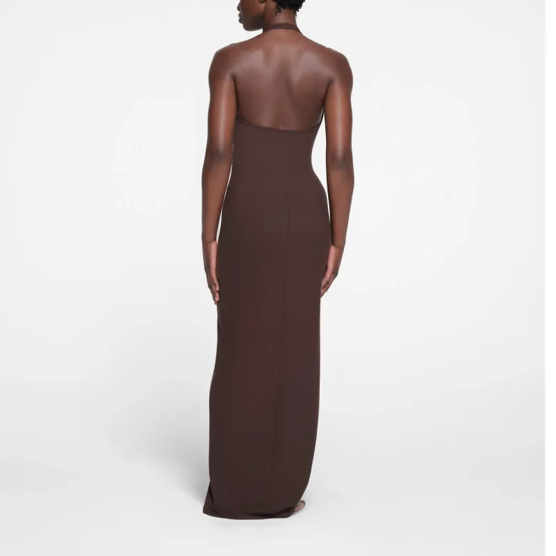 SKIMS SOFT LOUNGE DEEP PLUNGE HALTER LONG DRESS Sleeveless Dress Women's PHOENIX/Patina-2