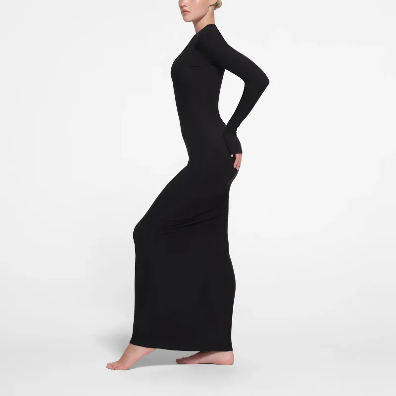SKIMS SOFT LOUNGE DEEP PLUNGE LONG DRESS Long Sleeved Dress Women's ONYX/Onyx-3