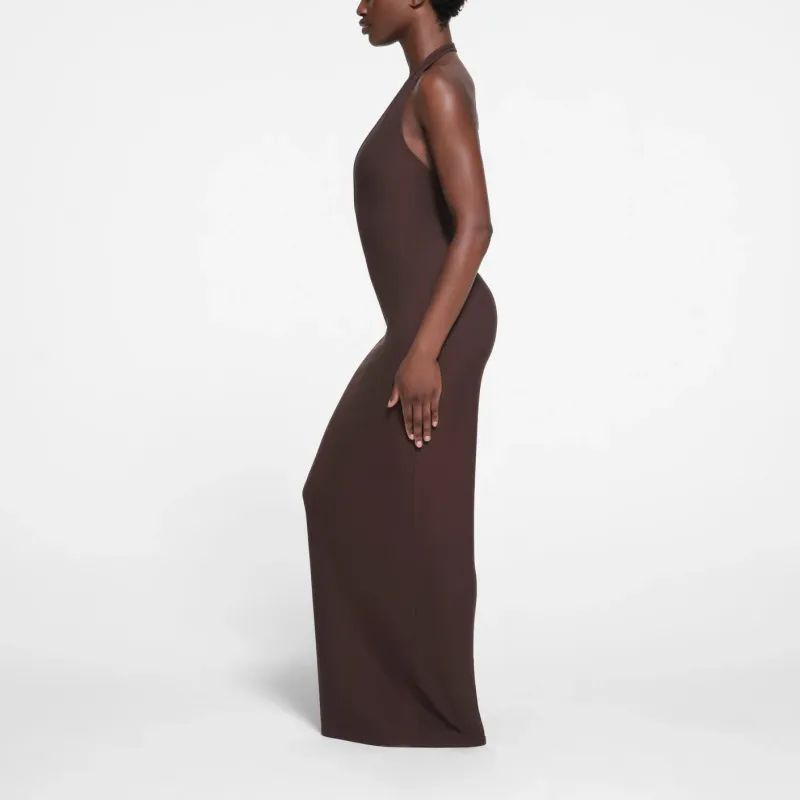 SKIMS SOFT LOUNGE DEEP PLUNGE HALTER LONG DRESS Sleeveless Dress Women's PHOENIX/Patina-3