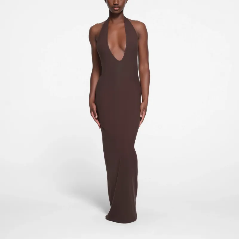 SKIMS SOFT LOUNGE DEEP PLUNGE HALTER LONG DRESS Sleeveless Dress Women's PHOENIX/Patina-1