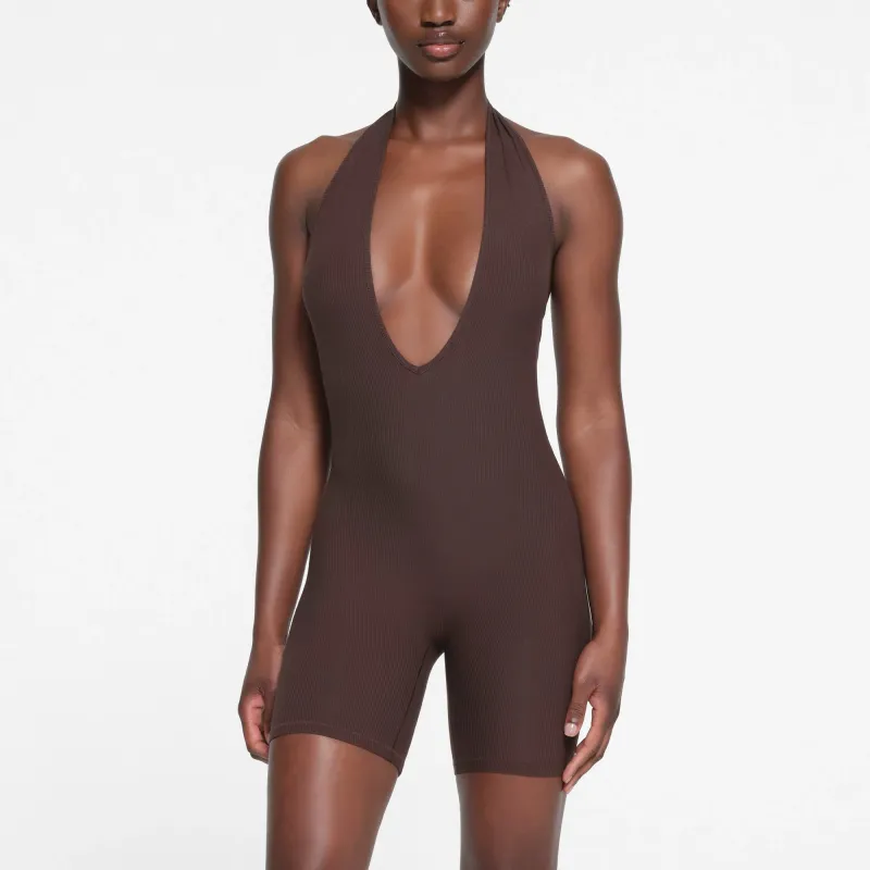 SKIMS SOFT LOUNGE DEEP PLUNGE HALTER ONESIE Bodysuits Women's Phoenix/Pheonix Color-1