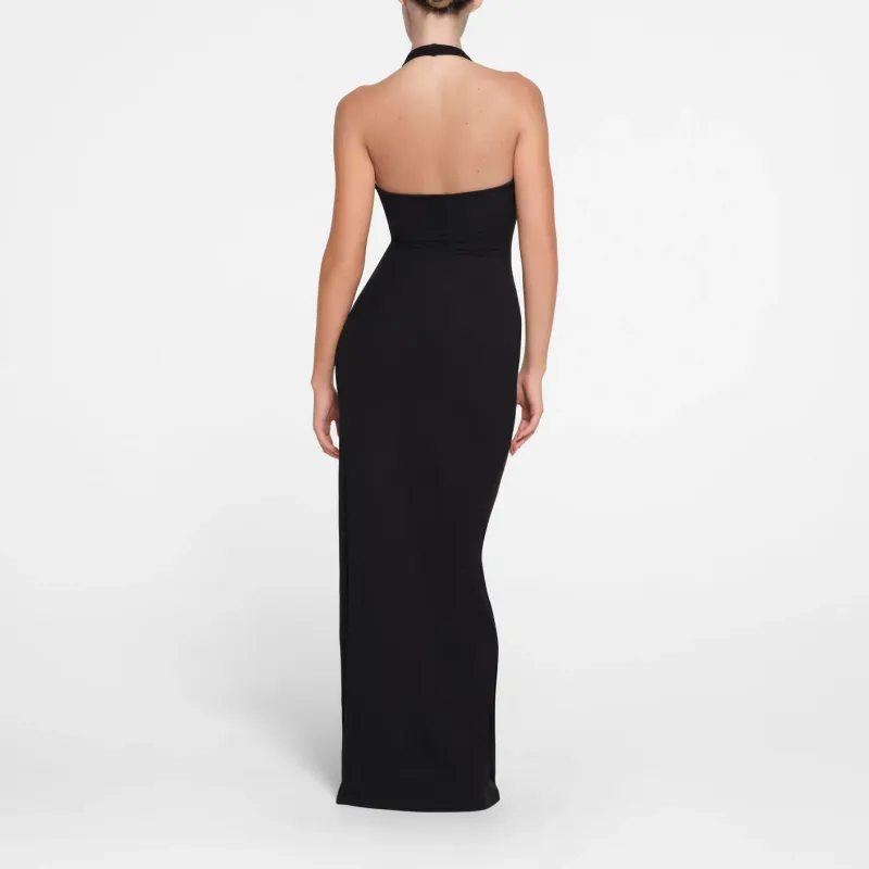 SKIMS SOFT LOUNGE DEEP PLUNGE HALTER LONG DRESS Sleeveless Dress Women's ONYX/Onyx-1