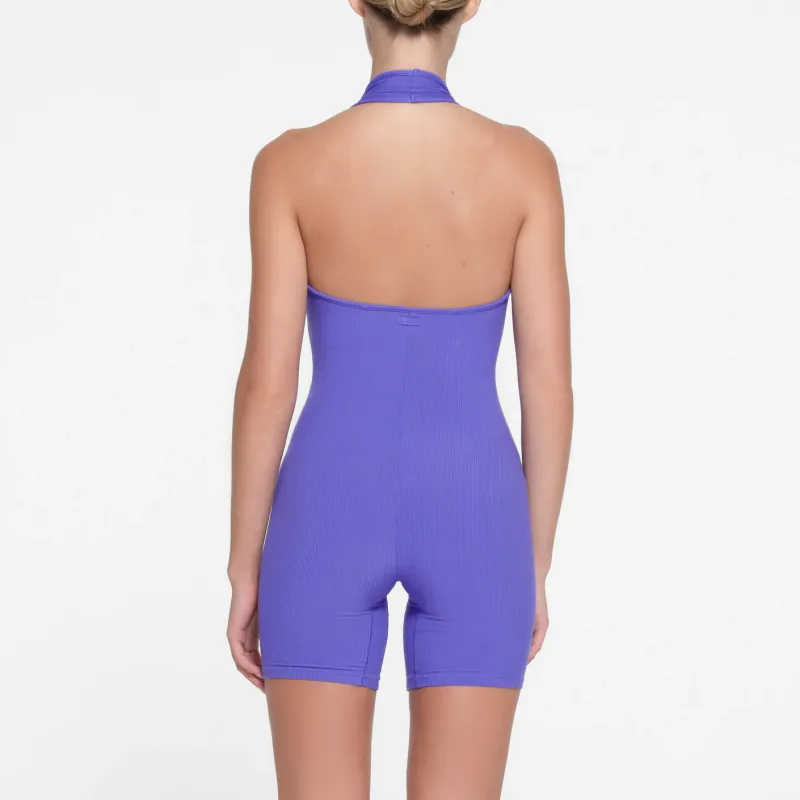 SKIMS SOFT LOUNGE DEEP PLUNGE HALTER ONESIE Bodysuits Women's Tanzanite-1