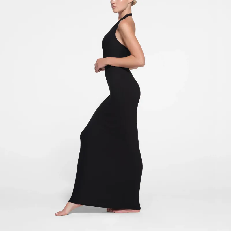 SKIMS SOFT LOUNGE DEEP PLUNGE HALTER LONG DRESS Sleeveless Dress Women's ONYX/Onyx-3