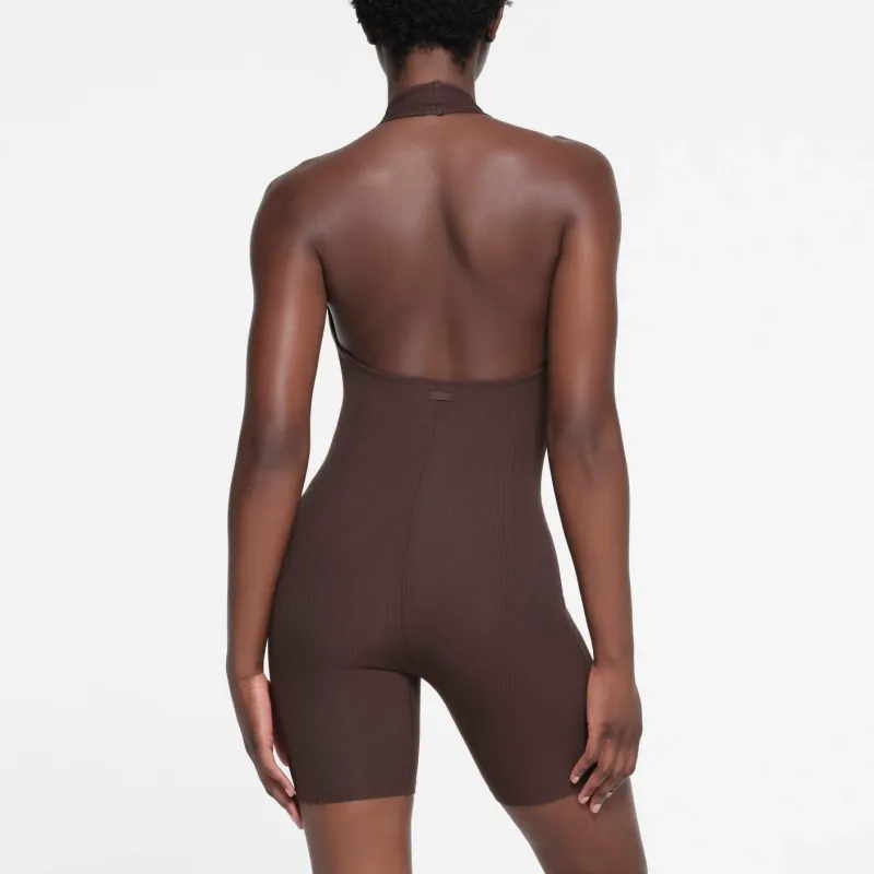 SKIMS SOFT LOUNGE DEEP PLUNGE HALTER ONESIE Bodysuits Women's Phoenix/Pheonix Color-2