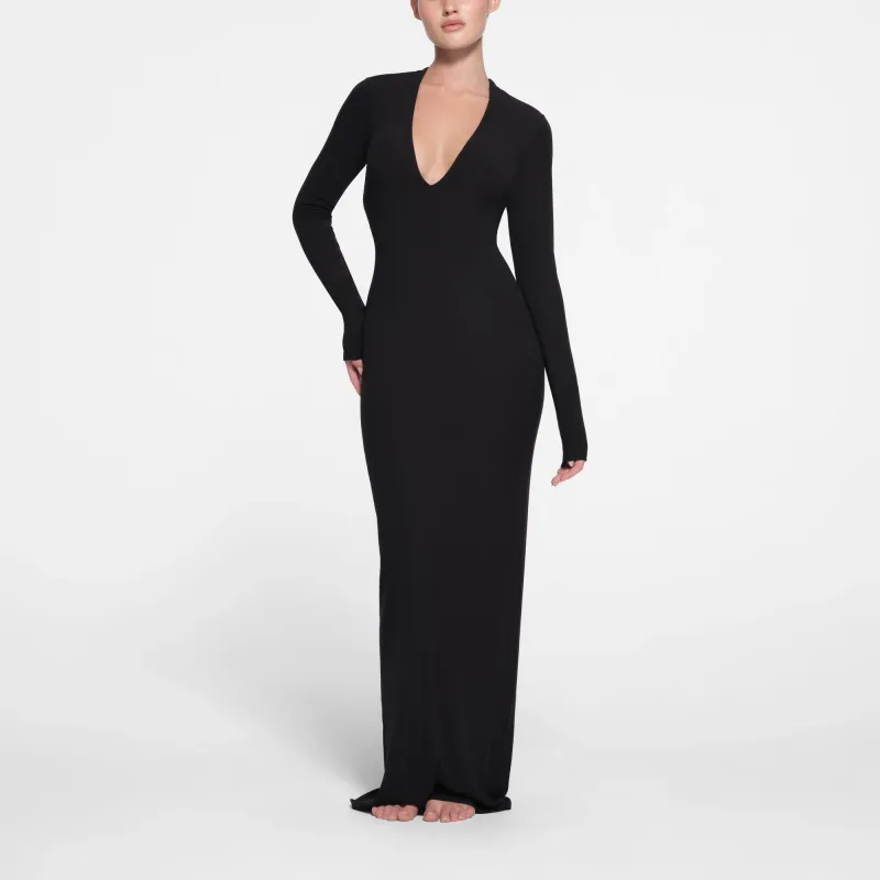 SKIMS SOFT LOUNGE DEEP PLUNGE LONG DRESS Long Sleeved Dress Women's ONYX/Onyx-1