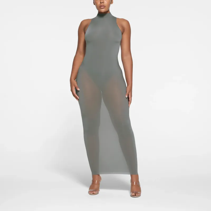 SKIMS MILKY SHEER MOCK NECK LONG DRESS Sleeveless Dress Women's GUNMETAL/Bronze-1