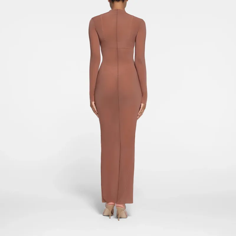 SKIMS MILKY SHEER MOCK NECK LONG SLEEVE LONG DRESS Long-Sleeved Dresses Women's BRANDY/Brandy-1