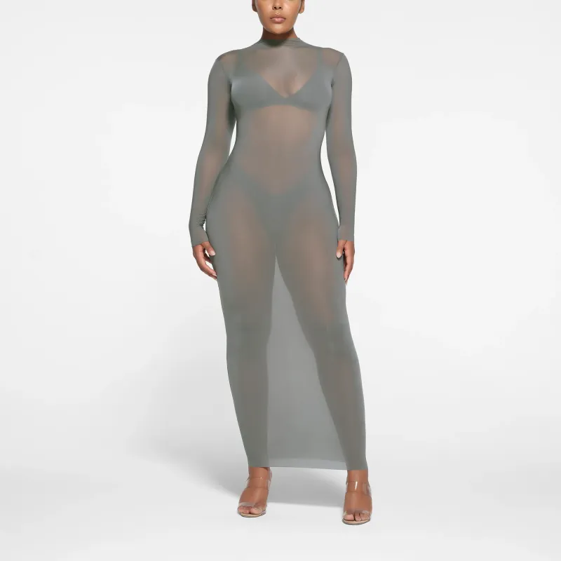 SKIMS MILKY SHEER MOCK NECK LONG SLEEVE LONG DRESS Long-Sleeved Dresses Women's GUNMETAL/Bronze-2