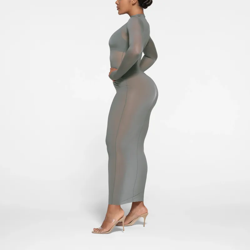 SKIMS MILKY SHEER MOCK NECK LONG SLEEVE LONG DRESS Long-Sleeved Dresses Women's GUNMETAL/Bronze-1