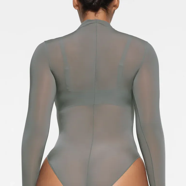 SKIMS MILKY SHEER MOCK NECK LONG SLEEVE BODYSUIT Bodysuits Women's GUNMETAL/Bronze-3