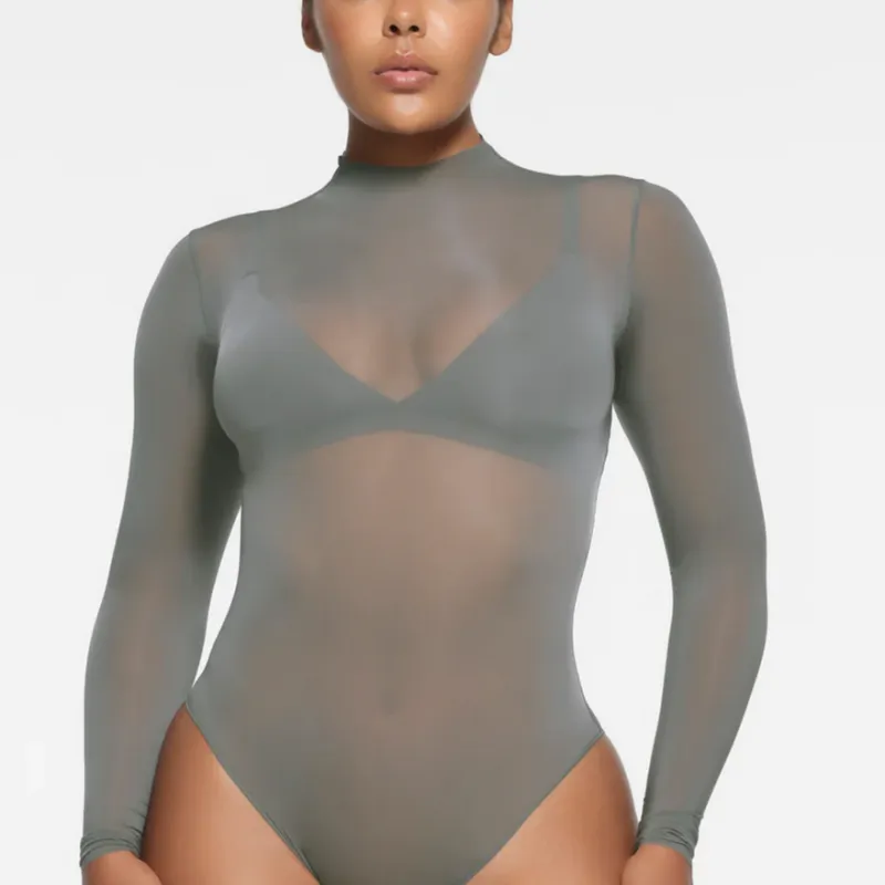 SKIMS MILKY SHEER MOCK NECK LONG SLEEVE BODYSUIT Bodysuits Women's GUNMETAL/Bronze-2