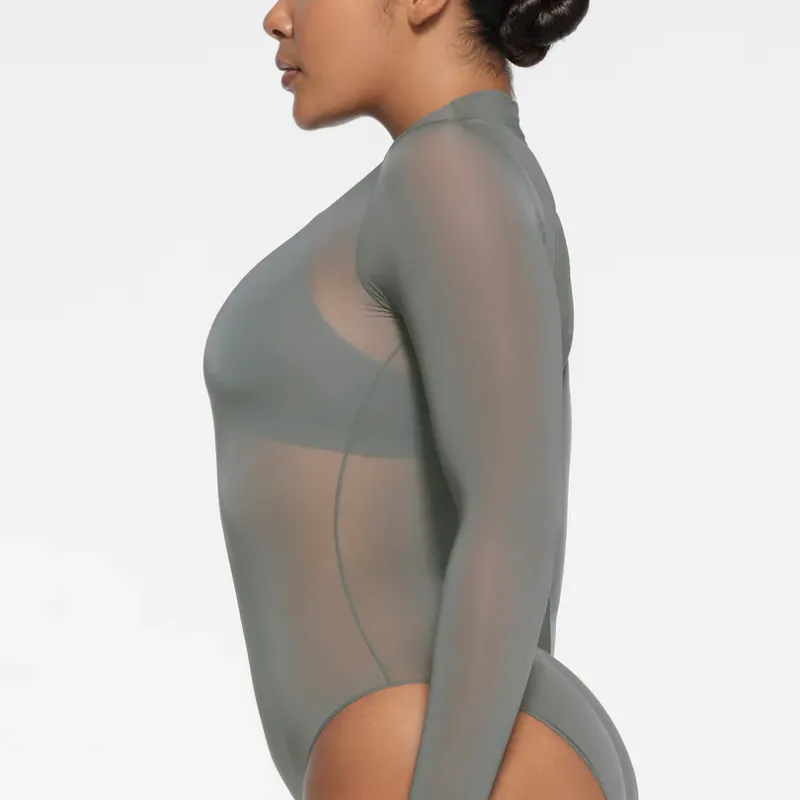 SKIMS MILKY SHEER MOCK NECK LONG SLEEVE BODYSUIT Bodysuits Women's GUNMETAL/Bronze-1