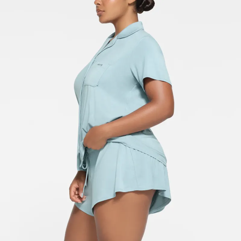 SKIMS SLEEP SHORT SLEEVE BUTTON UP SET Pajama Set Women's Sky Blue-3