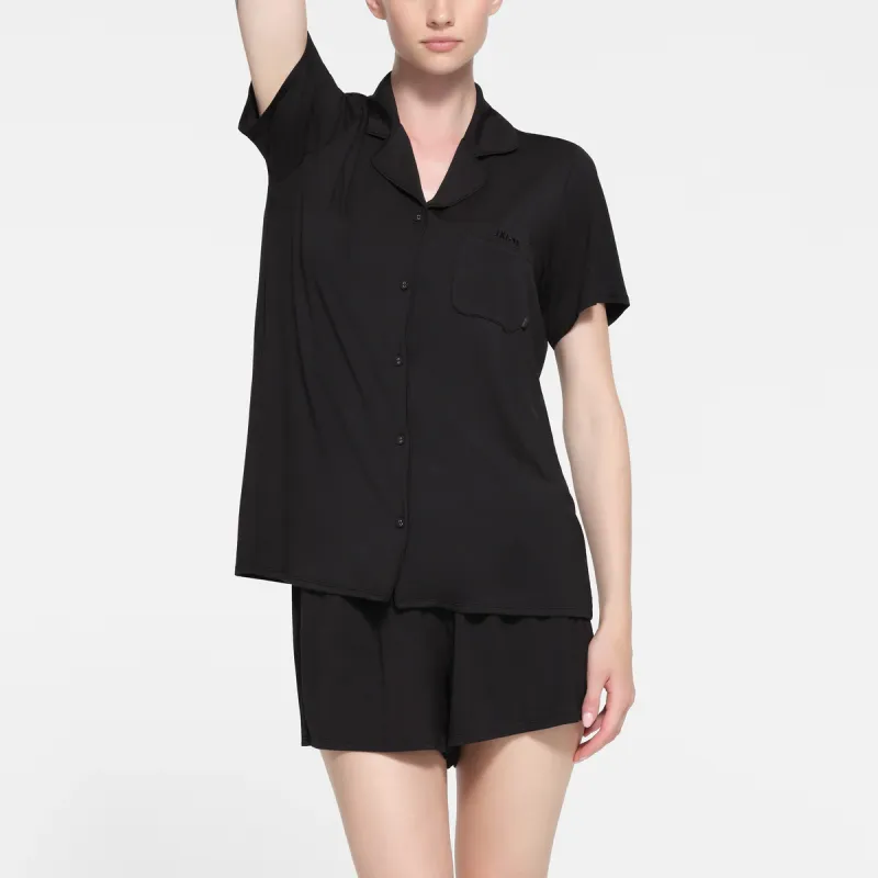 SKIMS SLEEP SHORT SLEEVE BUTTON UP SET Pajama Set Women's ONYX/Onyx-1