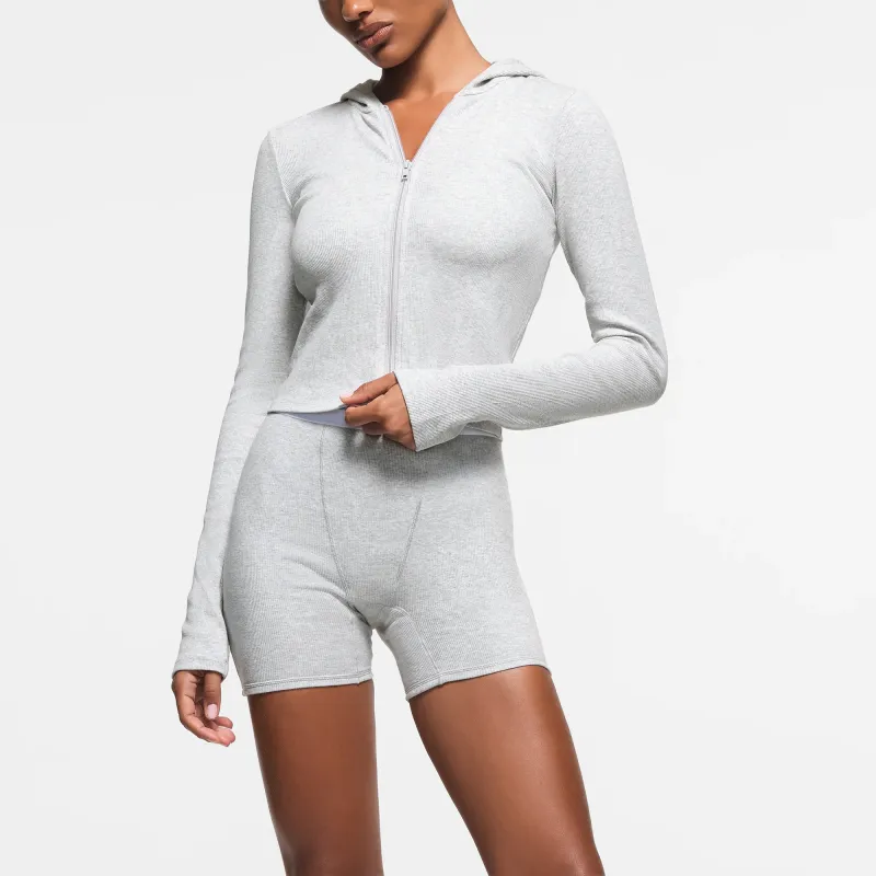 SKIMS FW24 Cotton Collection COTTON RIB ZIP UP HOODIE Sweatshirt Women's Light Heather Gray-2