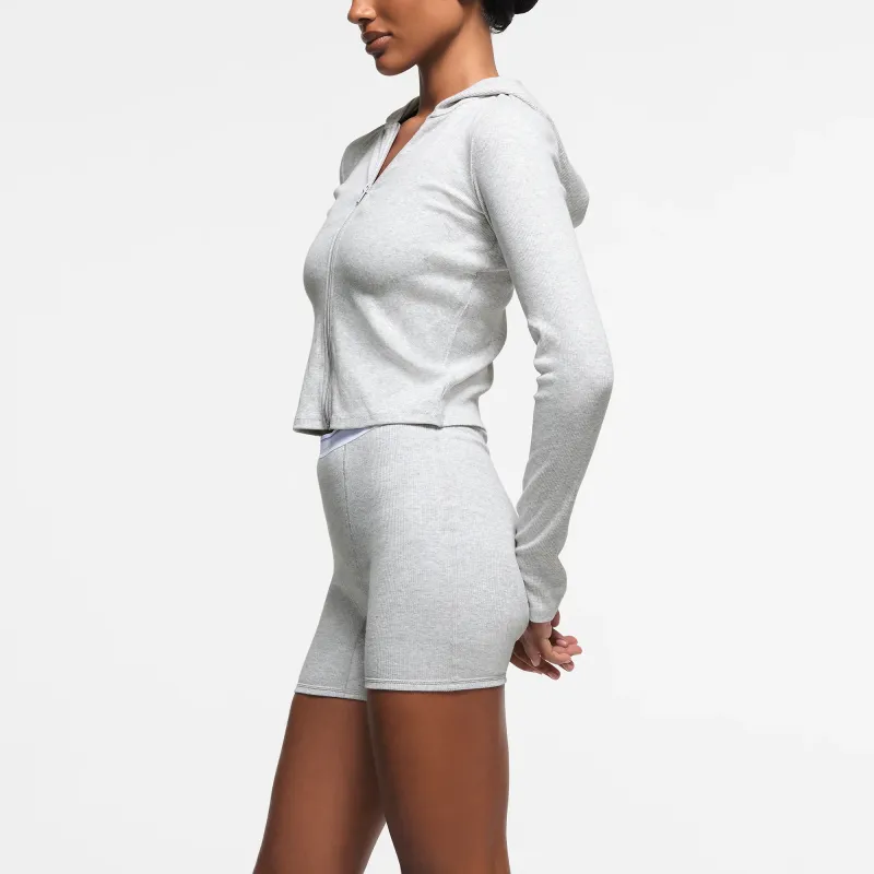 SKIMS FW24 Cotton Collection COTTON RIB ZIP UP HOODIE Sweatshirt Women's Light Heather Gray-1
