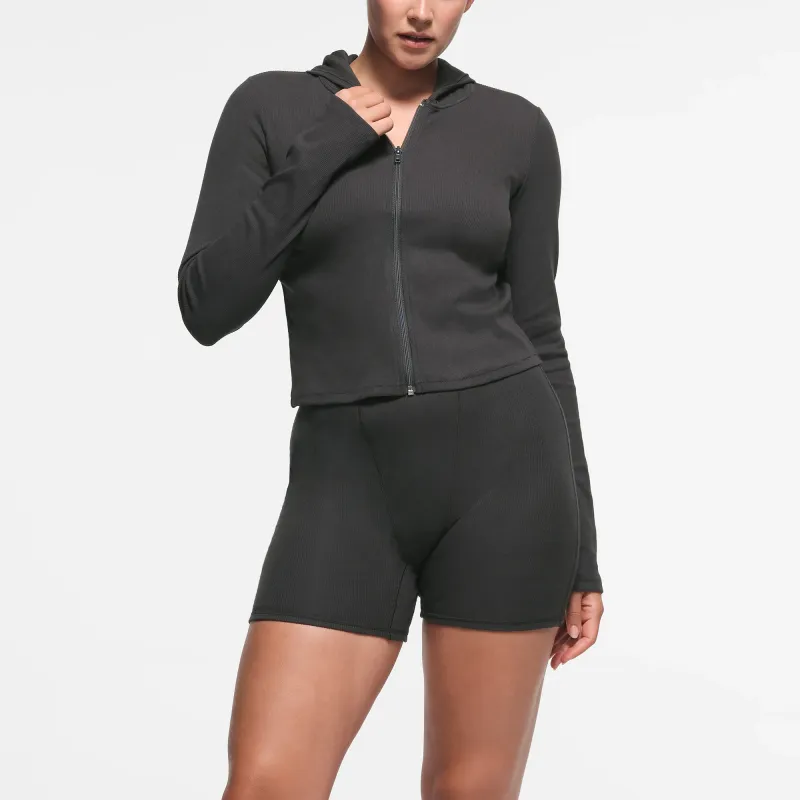 SKIMS FW24 Cotton Collection COTTON RIB ZIP UP HOODIE Sweatshirt Women's SOOT/Smoke Gray-2