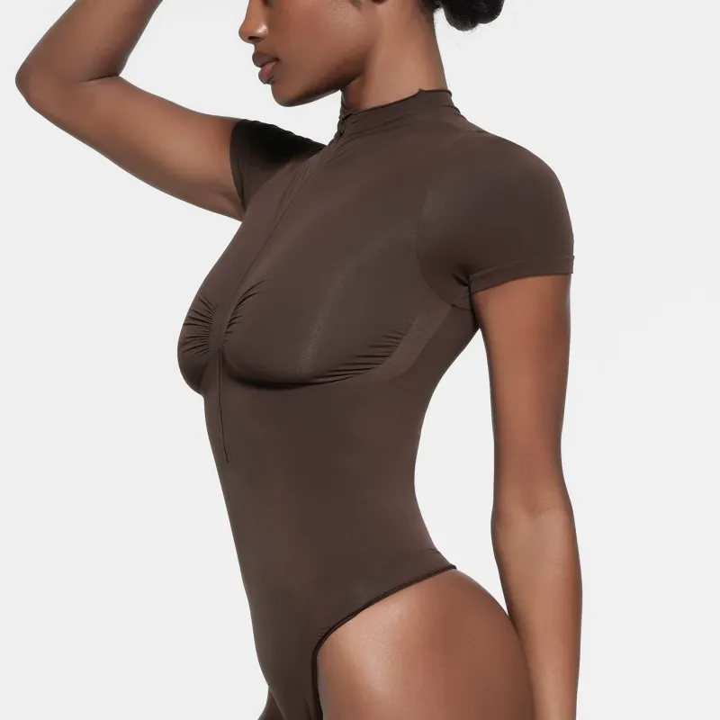 SKIMS SEAMLESS SCULPT ZIP FRONT T SHIRT THONG BODYSUIT Jumpsuit Women's ESPRESSO/Dark Coffee Color-3