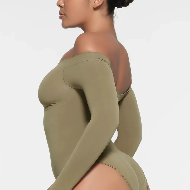 SKIMS SEAMLESS SCULPT OFF THE SHOULDER BRIEF BODYSUIT Bodysuits Women's ARMY/Army Green-3