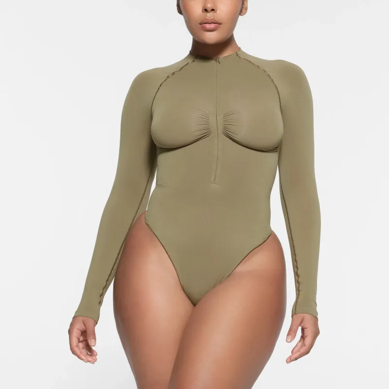 SKIMS SEAMLESS SCULPT ZIP FRONT LONG SLEEVE THONG BODYSUIT Bodysuits Women's ARMY/Army Green-1