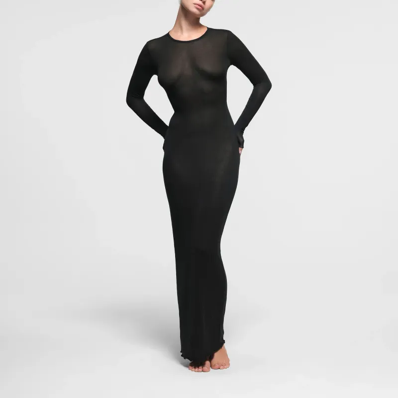 SKIMS SHEER MODAL LONG SLEEVE LONG DRESS Long-Sleeved Dresses Women's ONYX/Onyx-1