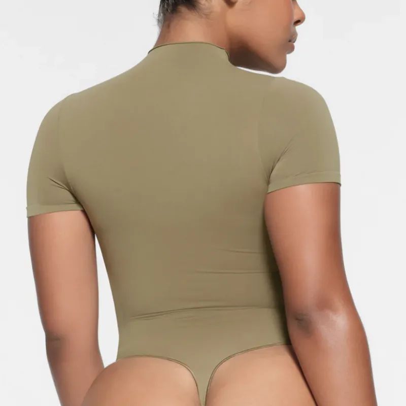 SKIMS SEAMLESS SCULPT ZIP FRONT T-SHIRT THONG BODYSUIT Bodysuits Women's ARMY/Army Green-2