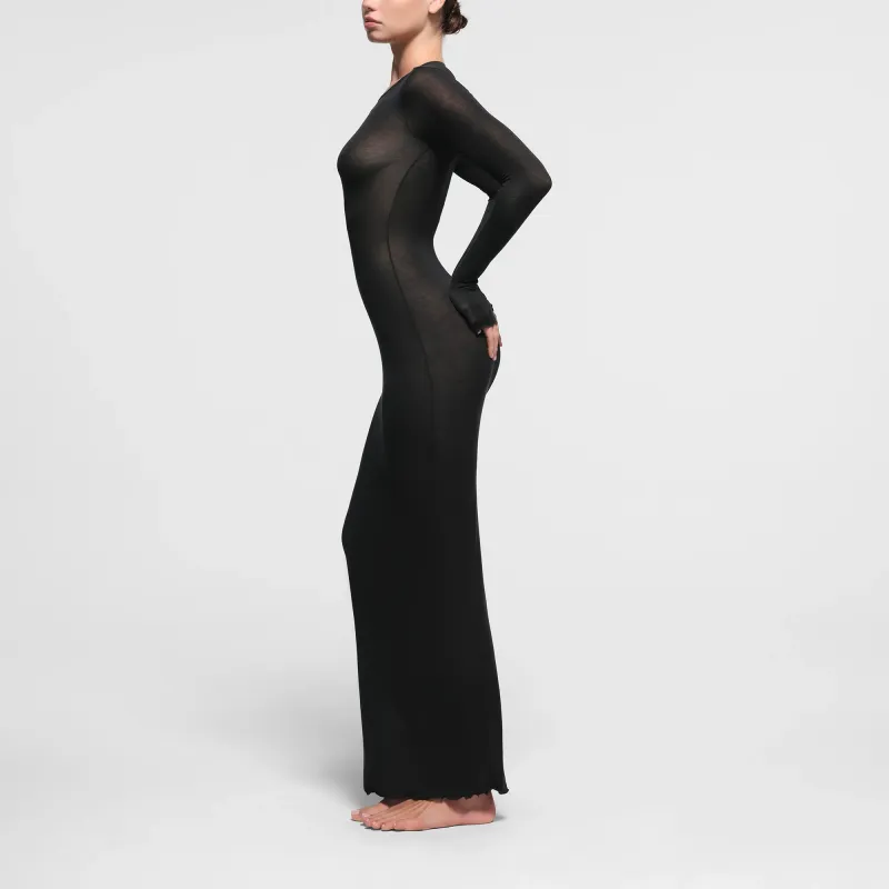 SKIMS SHEER MODAL LONG SLEEVE LONG DRESS Long-Sleeved Dresses Women's ONYX/Onyx-3