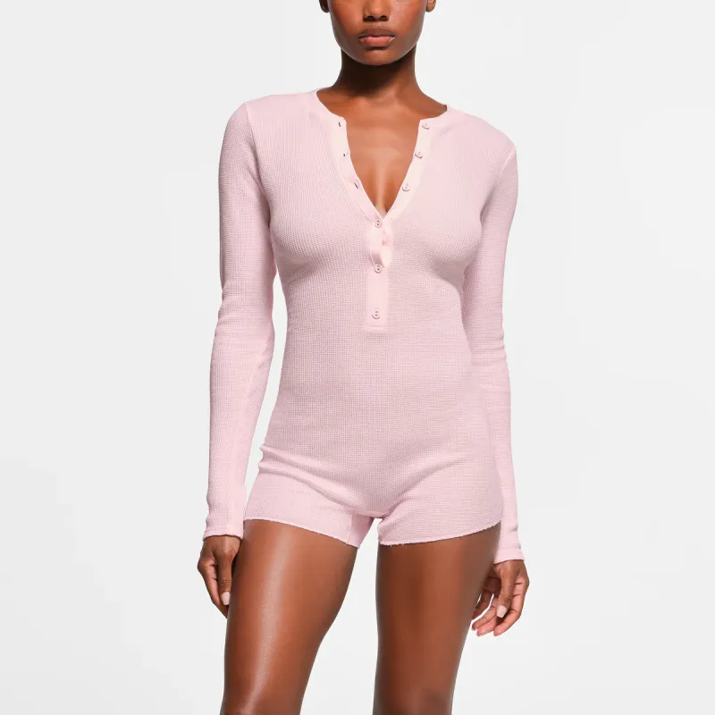 SKIMS WAFFLE BUTTON UP HENLEY ONESIE Bodysuits Women's CHERRY BLOSSOM/Cherry Blossom Pink-1