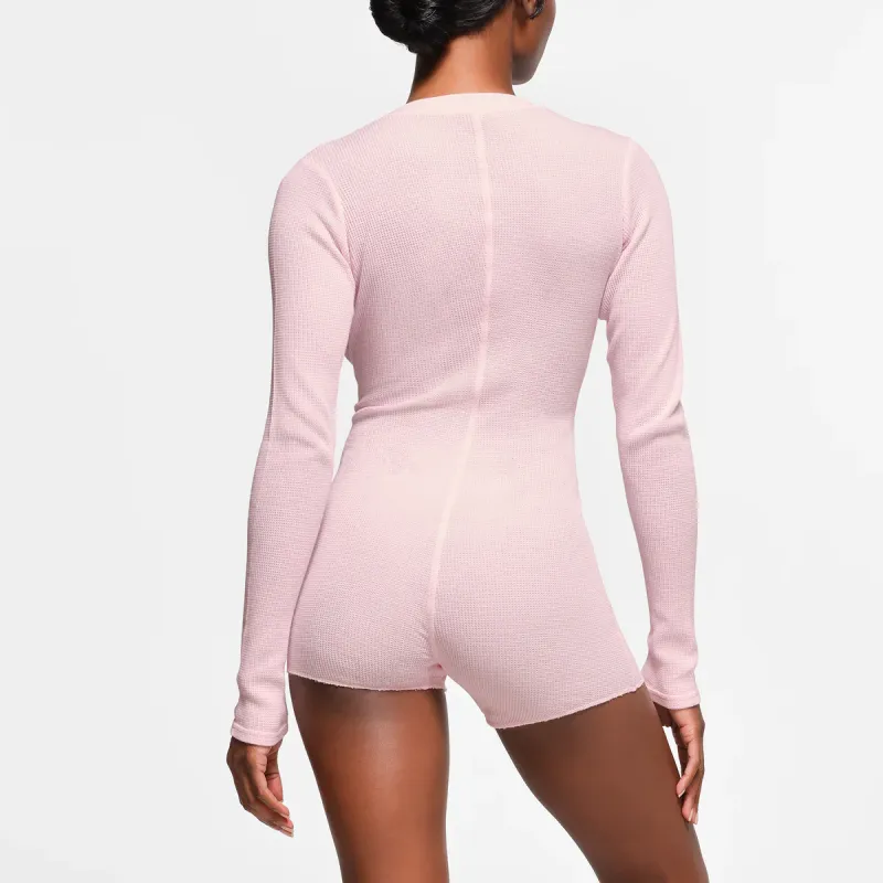 SKIMS WAFFLE BUTTON UP HENLEY ONESIE Bodysuits Women's CHERRY BLOSSOM/Cherry Blossom Pink-2