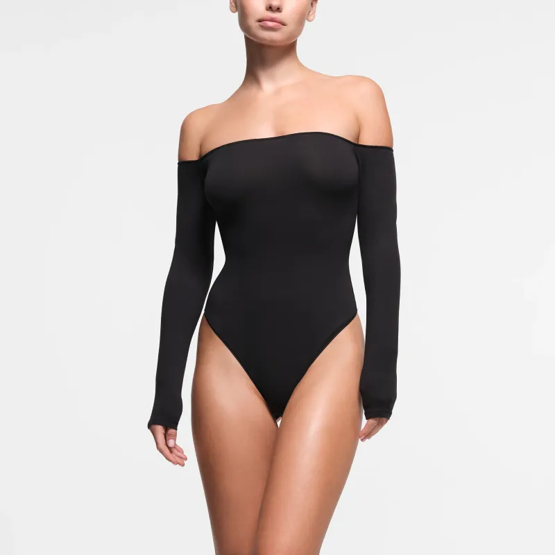 SKIMS COTTON JERSEY OFF THE SHOULDER BODYSUIT Bodysuits Women's SOOT/Smoke Gray-1