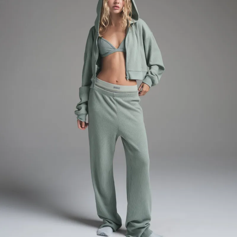 SKIMS FW24 HEAVY WAFFLE CROPPED ZIP UP HOODIE Sweatshirt Women's VAPOR/Steam Color-1