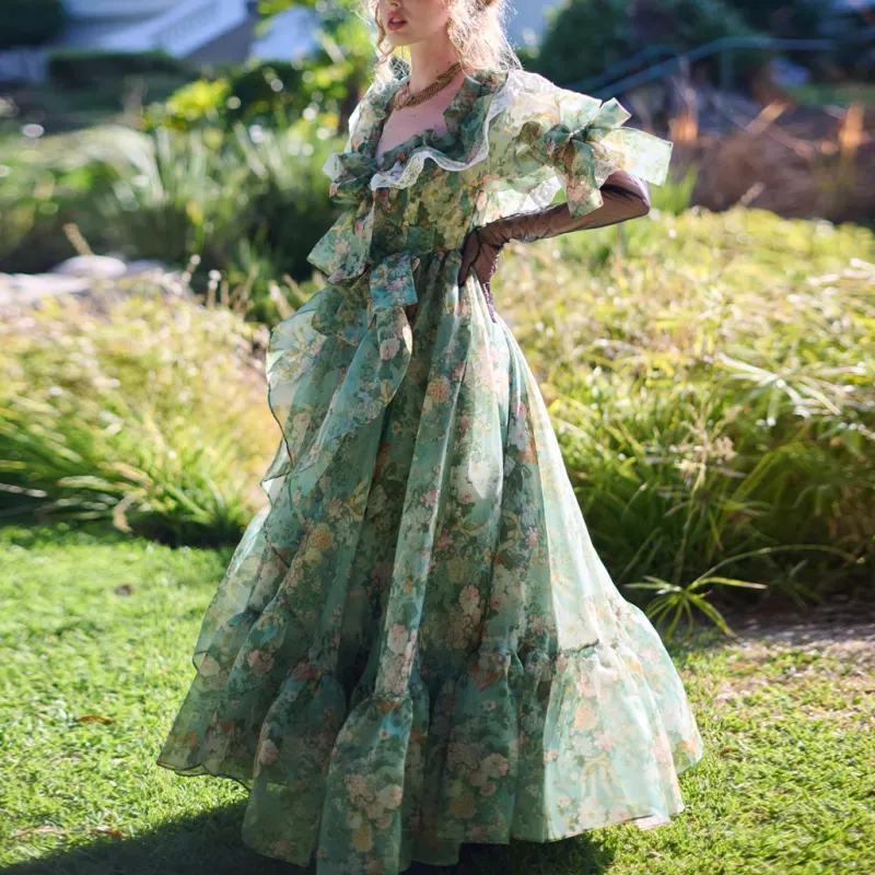 Selkie Collection x Bridgerton FW24 Evening Dress Women's Kate Green Print-2